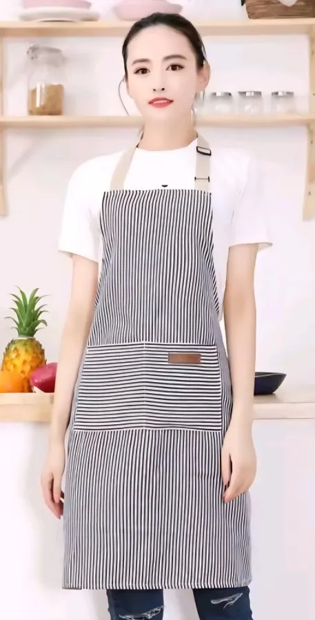 White Black Striped Man Woman Home Restaurant Kitchen Baking Nail Bib Oil Repellent Work Apron 2 Pockets Adjustable Clean Apron photo review