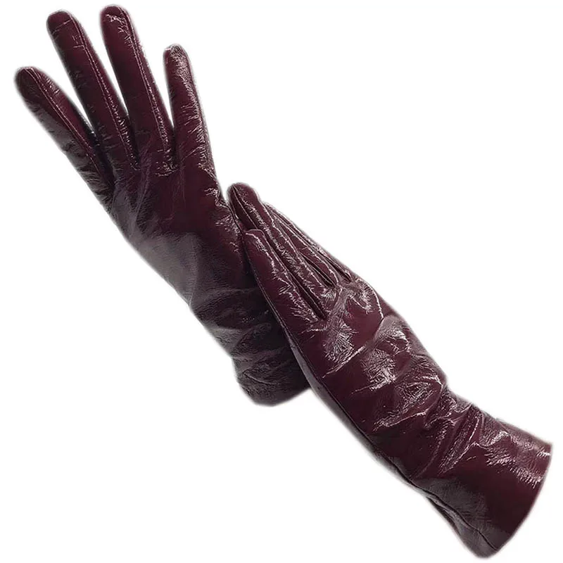 

Spring Women's Wrist Fashion sheepskin gloves New unlined date red patent leather sheepskin gloves Autumn Girls leather classic