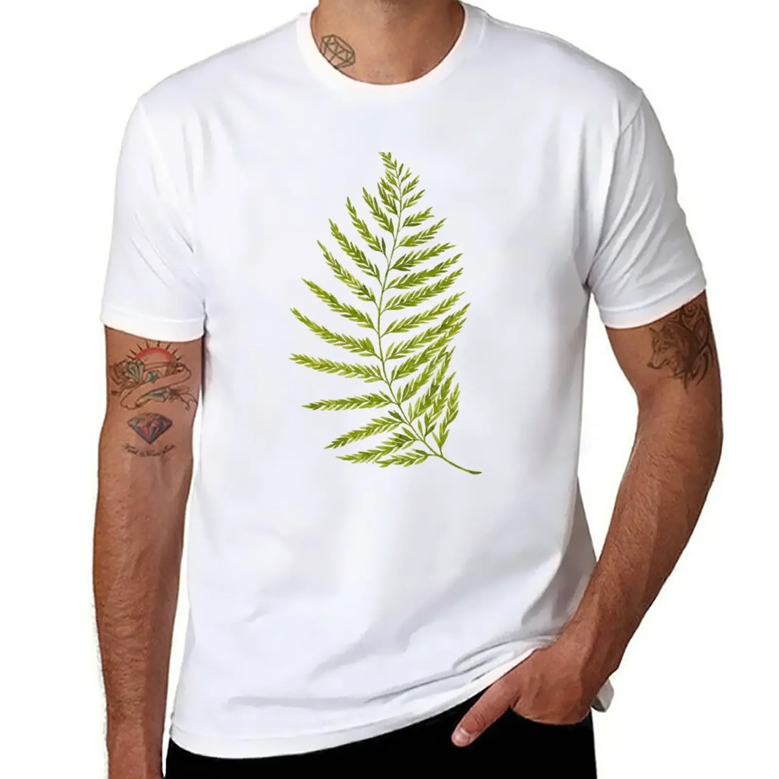 

Green watercolor fern pattern T-Shirt blanks vintage clothes men workout shirt