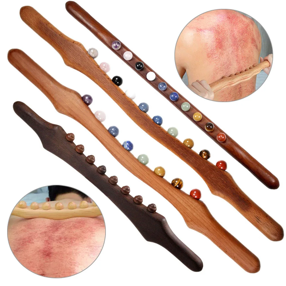 Wooden Gua Sha Massage Stick Jade Stone Beads Massage Roller Trigger Point Massage Tools Muscle Release Back Neck Body Scraping wooden gua sha massage stick jade stone beads trigger point massager neck shouder waist back muscle scraping massage relaxation