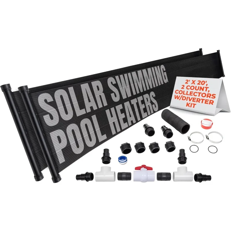 SunQuest Solar Pool Heater Panels-2 (2ft x 20ft) Collectors w/Diverter Kit-Solar Water Heater for Above Ground