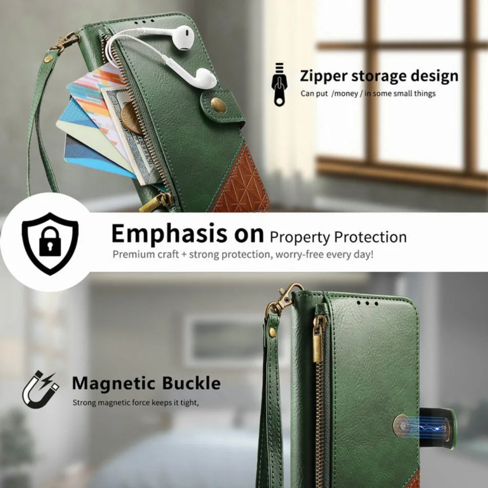 Zipper Wallet Leather Flip Case with RFID Protection and 7-Card Slots