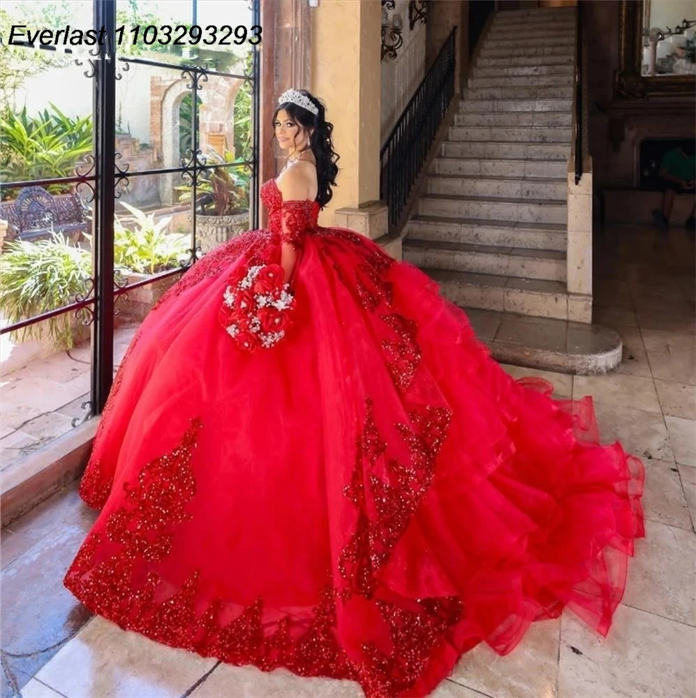 

EVLAST Shiny Red Quinceanera Dress Ball Gown Lace Applique Beading Detachable Sleeve Mexico Sweet 16 Vestido 15 De Años TQD254