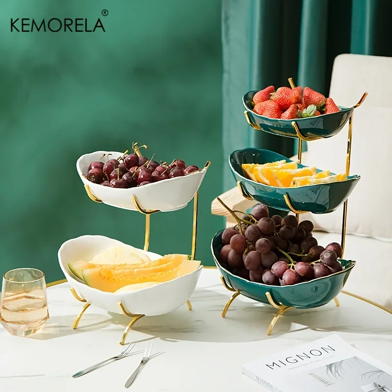 Tier Fruit Basket 3-Tier Ceramic Fruit Bowl Stand Gold Metal