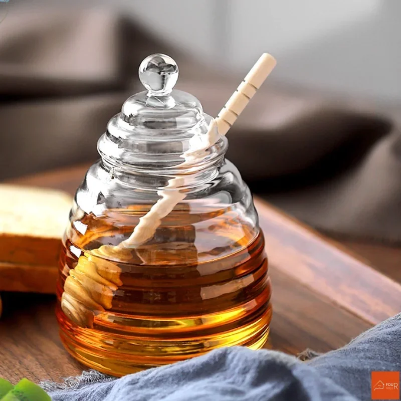 Glass Honey Jar Glass Honeycomb Tank Kitchen Tools Honey Storage Container with Dipper and Lid Bottle for Party Kitchen