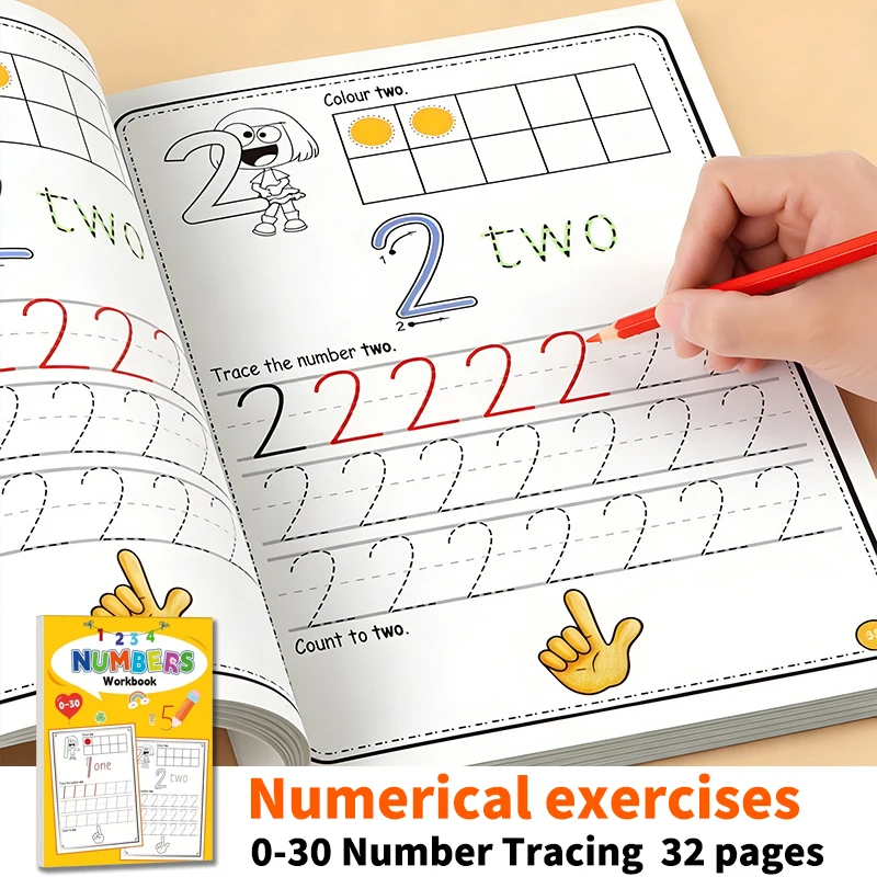 32-Page Digital Tracing and Writing Practice Book, Numbers 0-30, Writing and Pen Control Training Book, Children's Math Workbook, Early Cognitive Education, Suitable for Early Childhood Teaching Materials