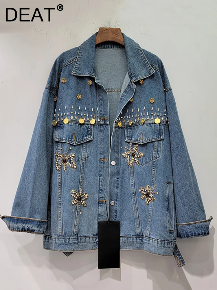 

DEAT Women's Denim Coat Butterfly Embroidered Flares Single Breasted Long Sleeve Flower Jackets 2023 Autumn New Fashion 29L3379