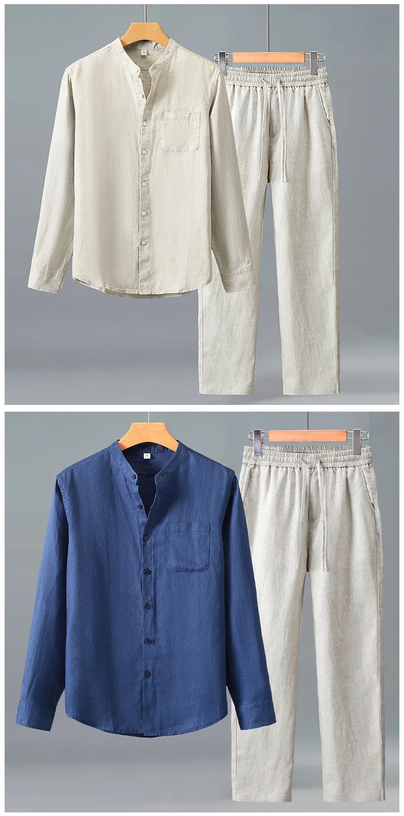 Herren 100% Reines Leinen Langarm-Hemd im Chinesischen Stil Lässige Weite Hose Set Frühling Herbst Atmungsaktives Zweiteiler-Outfit – Detail 16