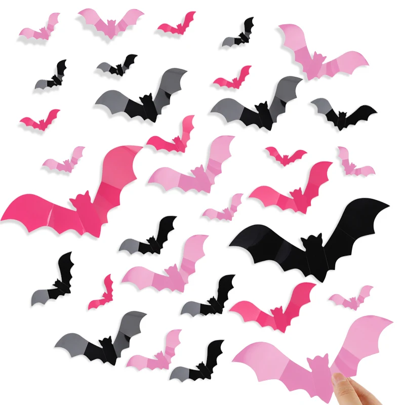 24/48Pcs Halloween Pink Bats Window Sticker 3D Spooky Bat Wall DIY Decal for Halloween Home Kids Room Indoor Outdoor Decoration