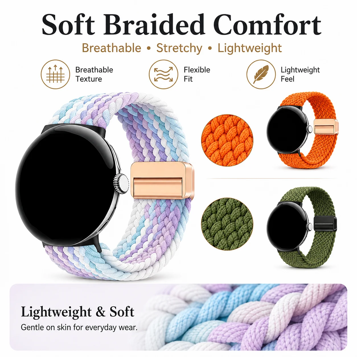 Nylon Elastic Braided Solo Loop Strap for Smartwatch - Adjustable Bracelet Band