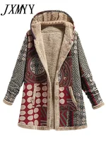 2023 Winter Vintage Women Coat Warm Printing Thick Fleece Hooded Long Jacket with Pocket Ladies Outwear Loose Coat for Women - Image 4