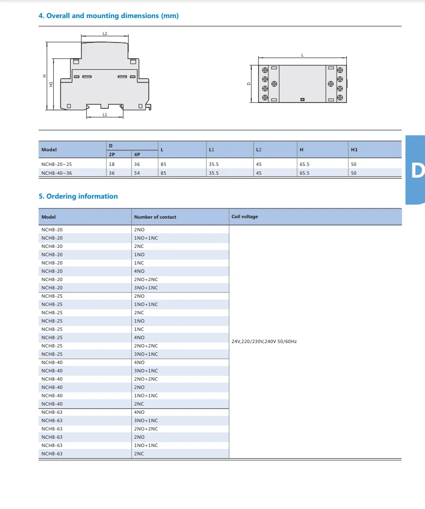 Mini Contacteur 220V 230V 400V 1NO 1NC 2NO 2NC 4NO NCH8 2 4 Phase Original  CHINT NCH8-20A 25A 40A 63A AC Modulaire ménage