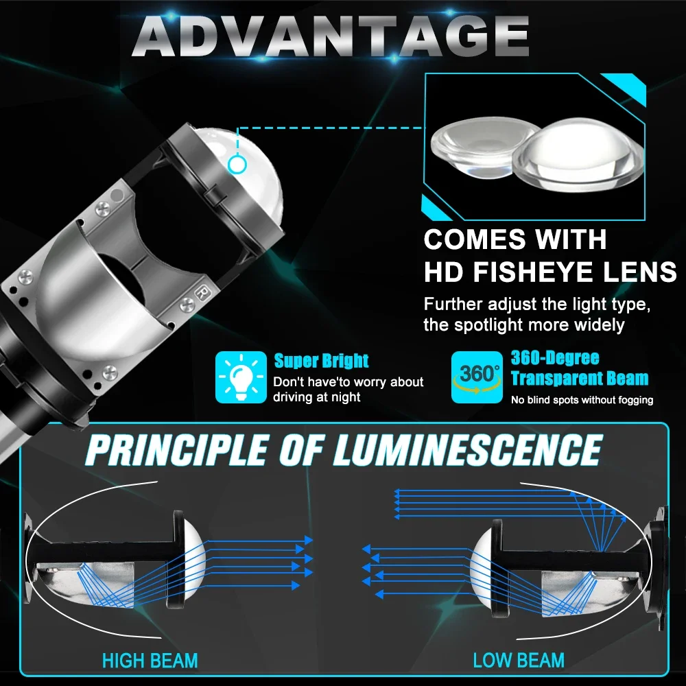1개 H4 LED 프로젝터 렌즈 헤드라이트 자동차 헤드라이트 캔버스 6000K 하이/로우 빔 전구 터보 팬 포함 6000LM 25W 자동차/오토바이용 12V