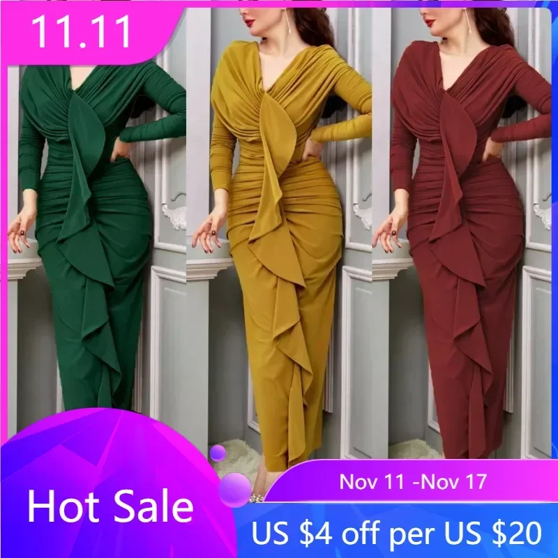 

Африканские платья для женщин, осенняя мода 2024, Африканское длинное платье макси с длинным рукавом и V-образным вырезом из полиэстера, африканская одежда Дашики для женщин