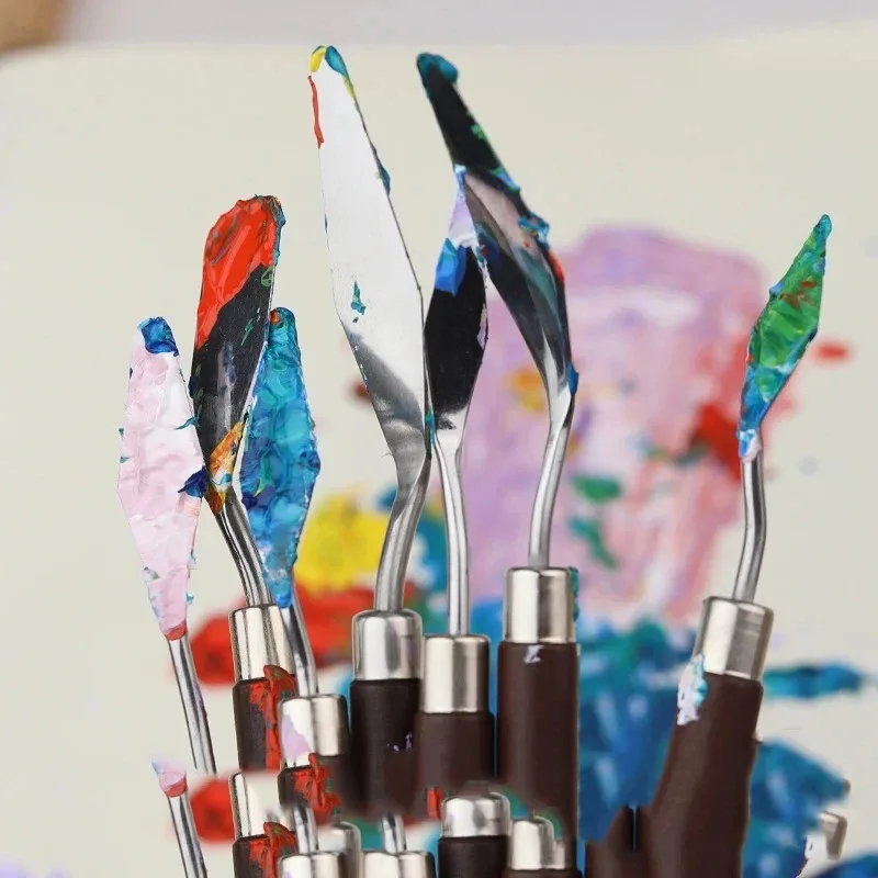 7 Red Wood Rod Watercolor Mixed Art Oil Painting Scraper Set Wood Stainless Steel Water Powder Paint Manual Tool Convenient