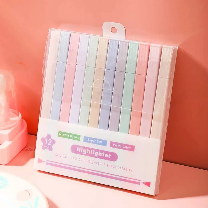 12색 더블 팁 미적 형광펜 - 학교, 공부 및 플래너 필기용 부드러운 색상 노트북 마커 펜