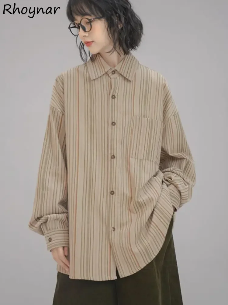 

Striped Shirts Women Clothes Baggy Preppy Teens Unisex Japanese Fashion Long Sleeve Kawaii Vintage Temper Aesthetics Khaki Cozy