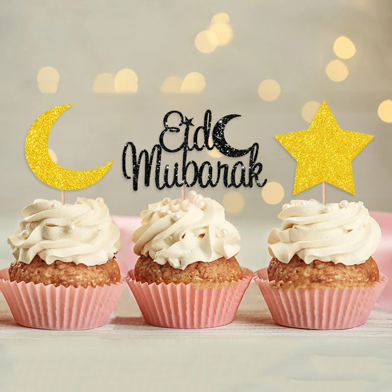 Фото Золотистый Серебристый Топпер для торта Eid Mubarak Рамадан кареем украшение для кексов помощь в Аль-адхе подарки Мусульманский Исламский фестиваль сувенир украшение для торта №2