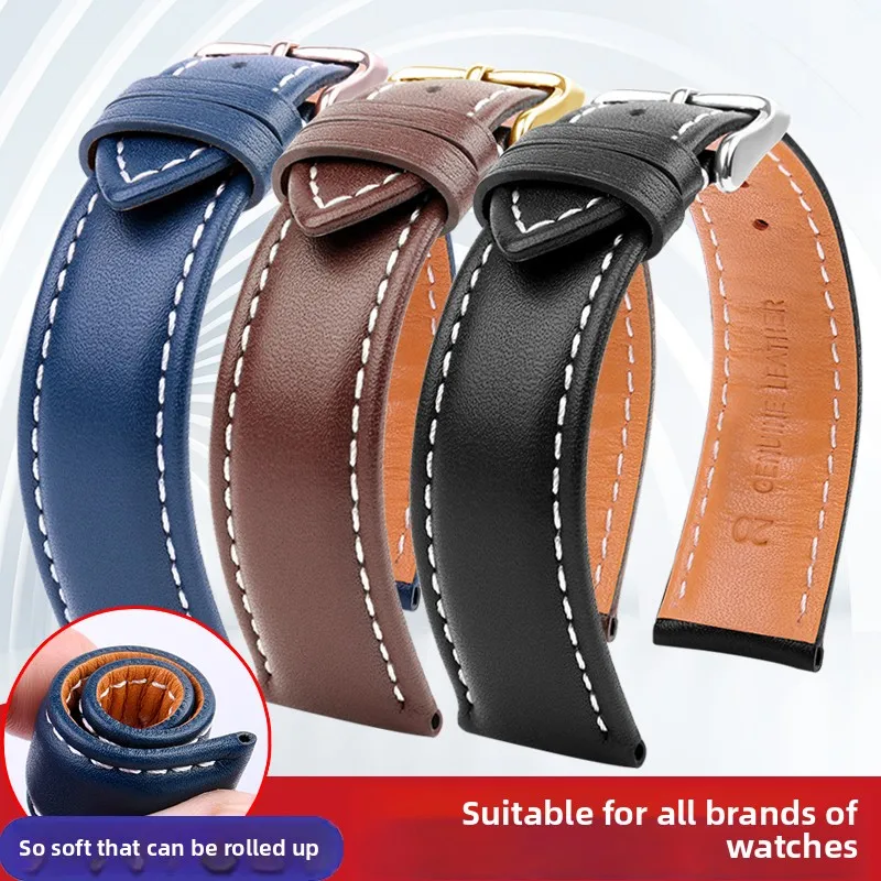 Premium Genuine Leather Men's Watch Band - Black, Brown, Blue - Luxurious Cowhide Bracelet