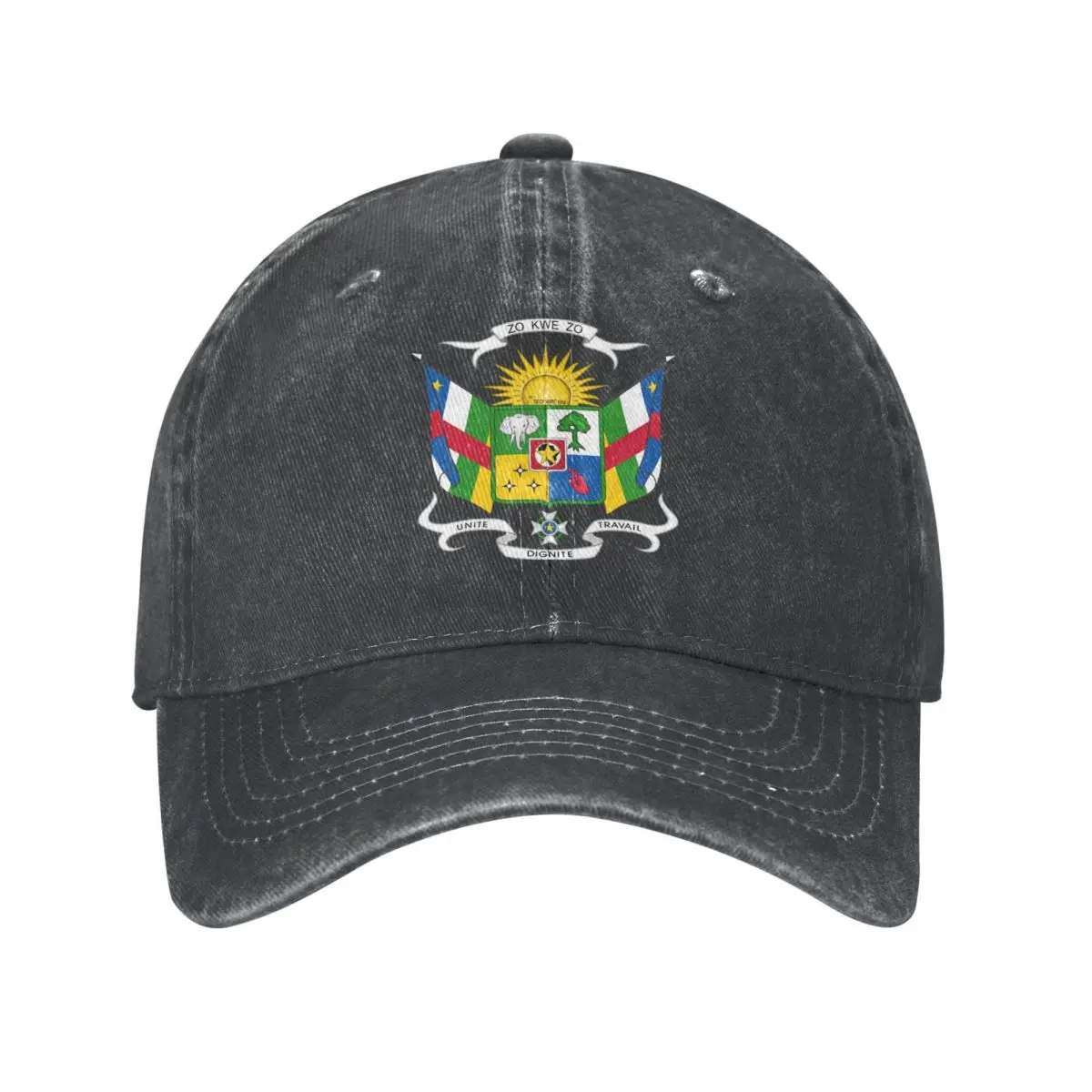 

Men Baseball Cap Central African Republic Emblem Charcoal Washed Denim Classic Vintage Cotton Dad Trucker Hat Unisex Adult