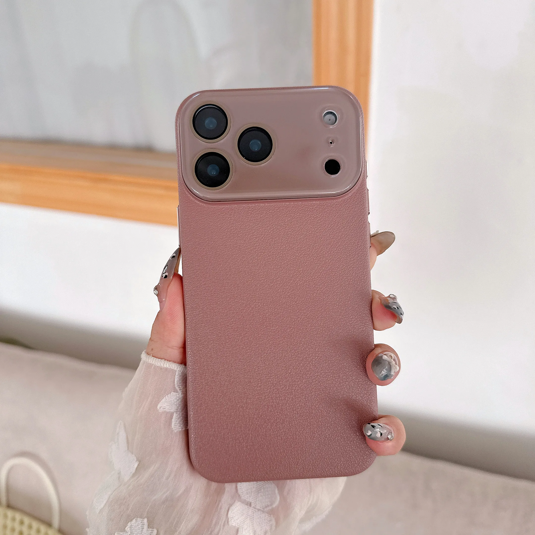 Luxury Leather Texture Rugged Shockproof Case with Glass Lens Protection