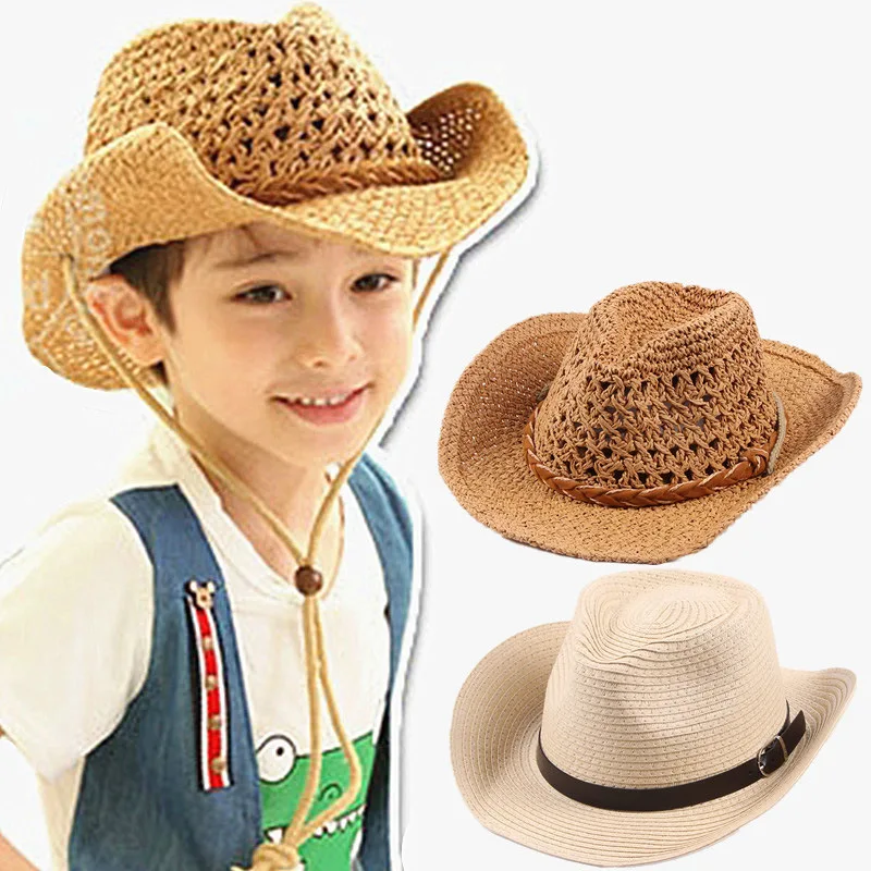 Sombrero de vaquero de paja para niños pequeños, sombrero de paja de verano  para playa, sombrero de sol vaquera occidental para niños