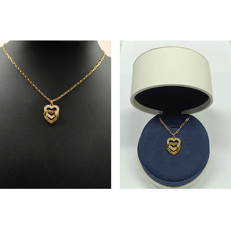 

Кулон на цепочке с двойными сердечками R27, женское ожерелье с кулоном в виде двух сердец, Серебряное Ювелирное Украшение