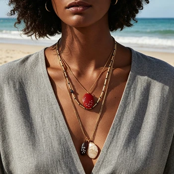 Juego de 3 Collares con Colgante de Piedra de Resina Multicapa.