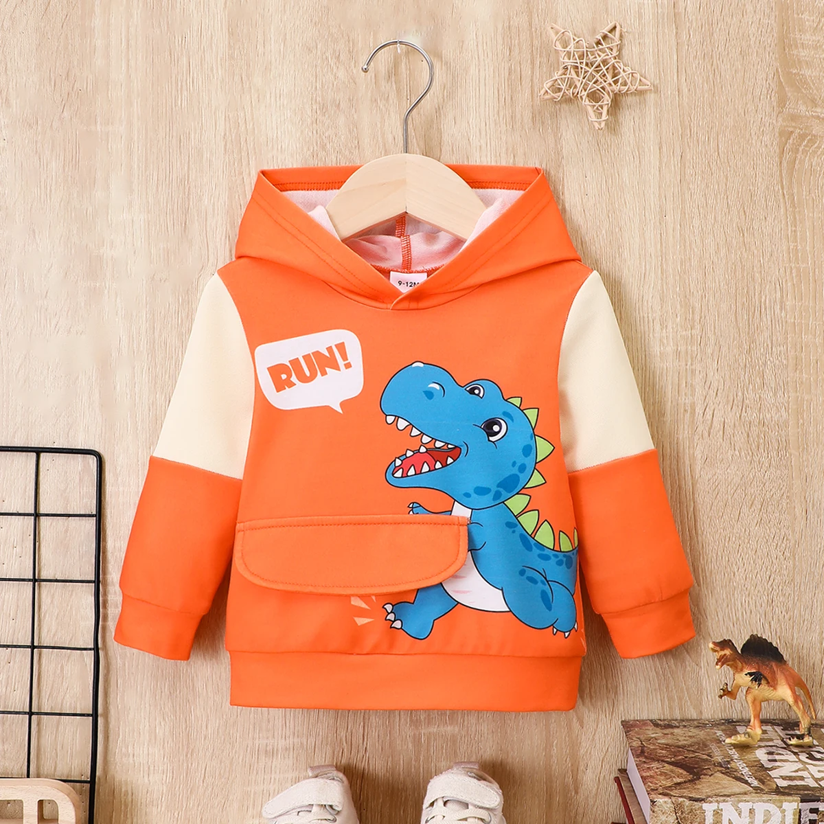 Winter Boys And Girls Hooded Dinosaur Long Sleeve Letter Sweater Fashion Warm Loose And Trendy