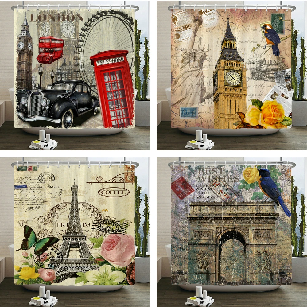 

Retro Architecture Scenery Printed Shower Curtain Polyester Waterproof Bathroom Curtain City View Bath Curtain Decor with Hooks