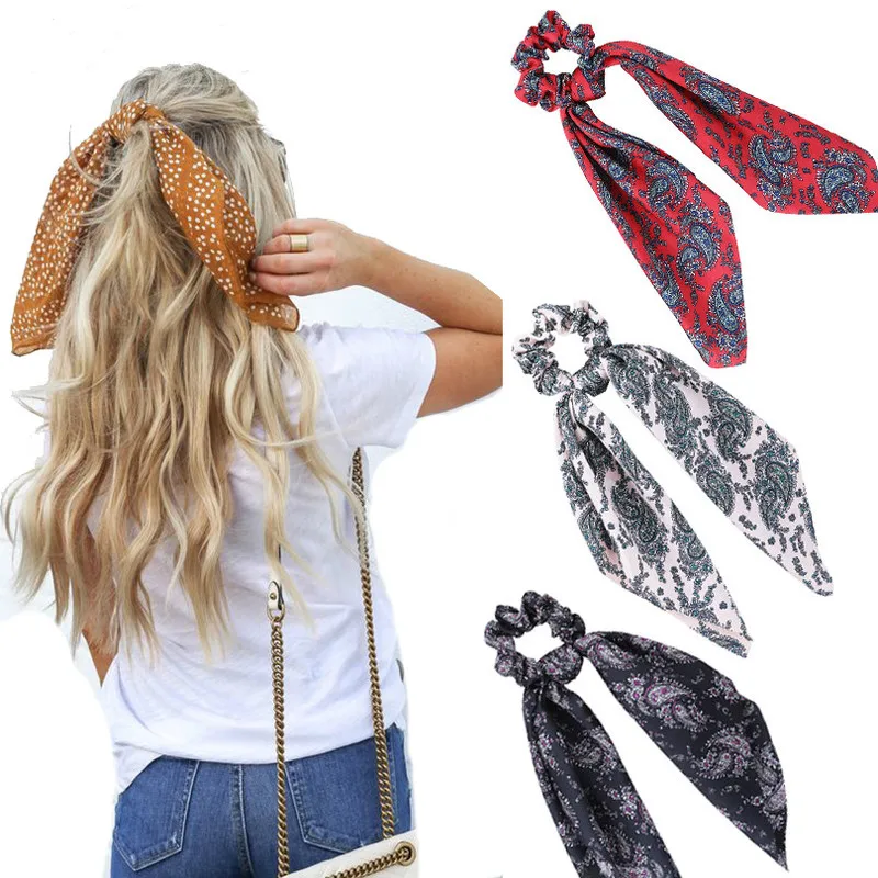 New Elastic Hair Band  Ribbon Bow Scarf Sweet Print Scrunchie Women  Hair Rubber Hair Ropes Girls Hair Accessories