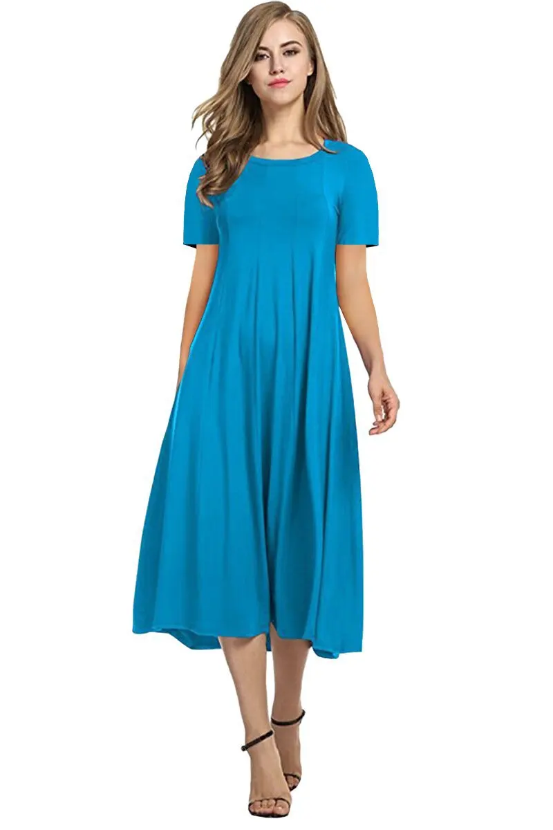 2026 European and American Summer Women's Round Neck Short Sleeve Solid Color Flared Dress