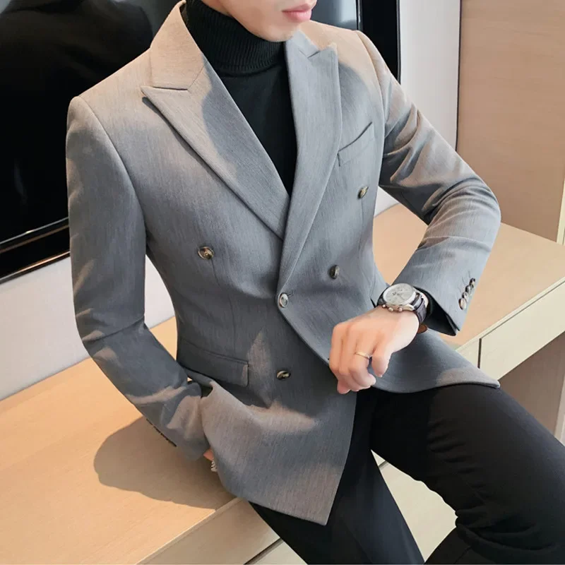 

British Style Double-breasted Men Blazers Slim Wedding Business Casual Suit Jacket Houndstooth Street Wear Social Dress Coat