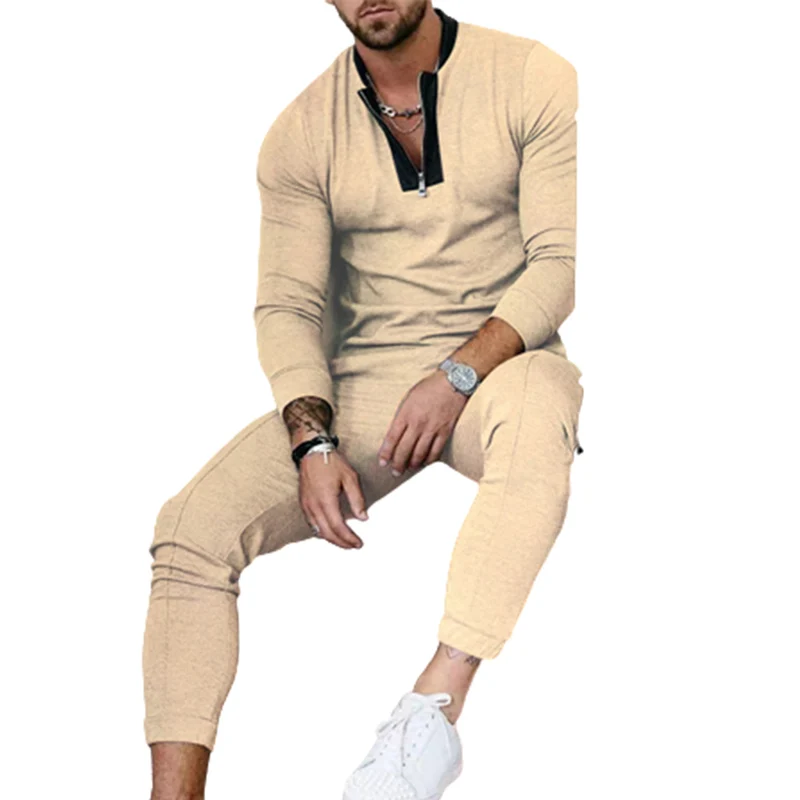 Waffle Fabric Men's Set Stand-up Neck Zipper Splicing Long Sleeve Top Male Two-piece Suits Casual Sports Mid Waist Lace-up Pants ttqv casual loose wide trouser suits women elegant lace up high waist pant suits fashion long sleeve shirts two piece pants set