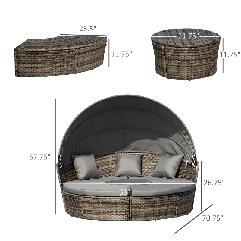 4-Piece Patio Furniture Set, Round Convertible Daybed or Sunbed with Adjustable Sun Canopy, Sectional Sofa, Blue/Gray/White 3