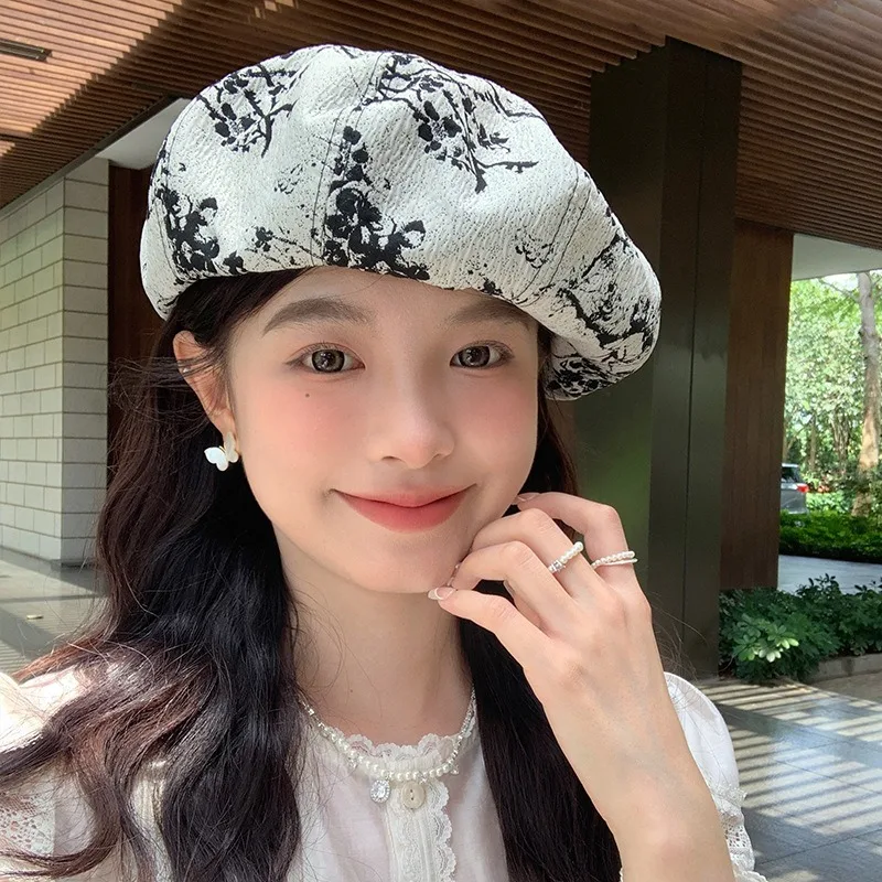 

Korean New Literary Artistic Sweet Ink Painting Printing Beret Women's Spring and Summer Temperament Versatile Painter Hat