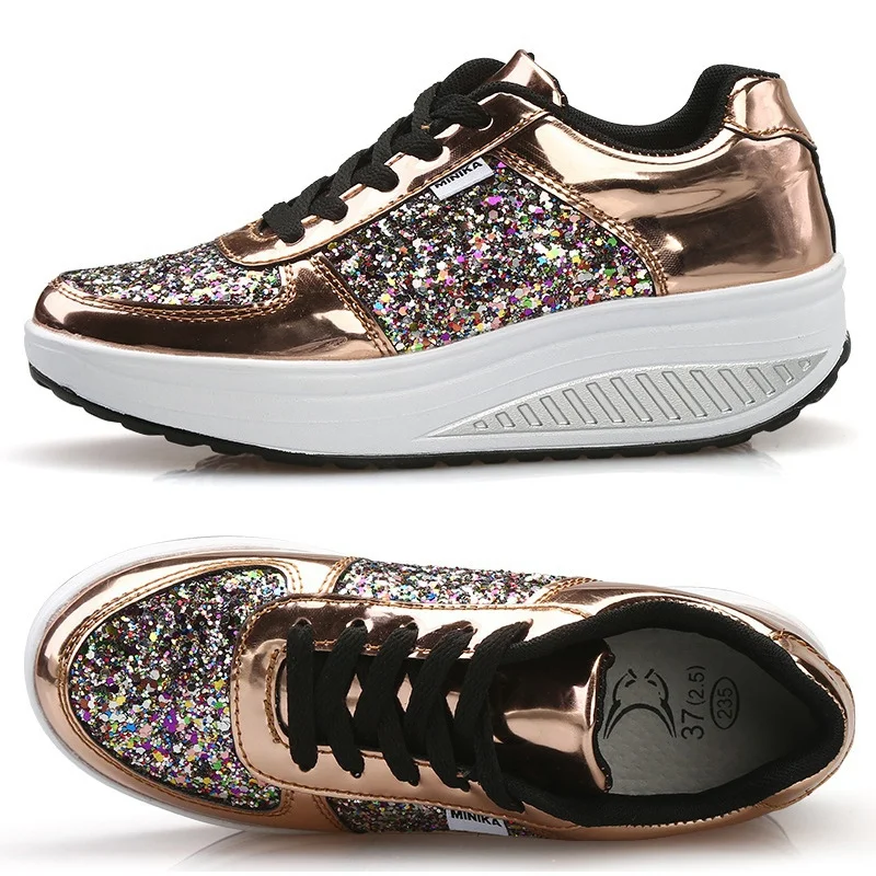 Womens Platform Toning Wedge Shoes Sequins Shake Shoes Fashion Girl Sport Fitness Woman Slimming Sneakers