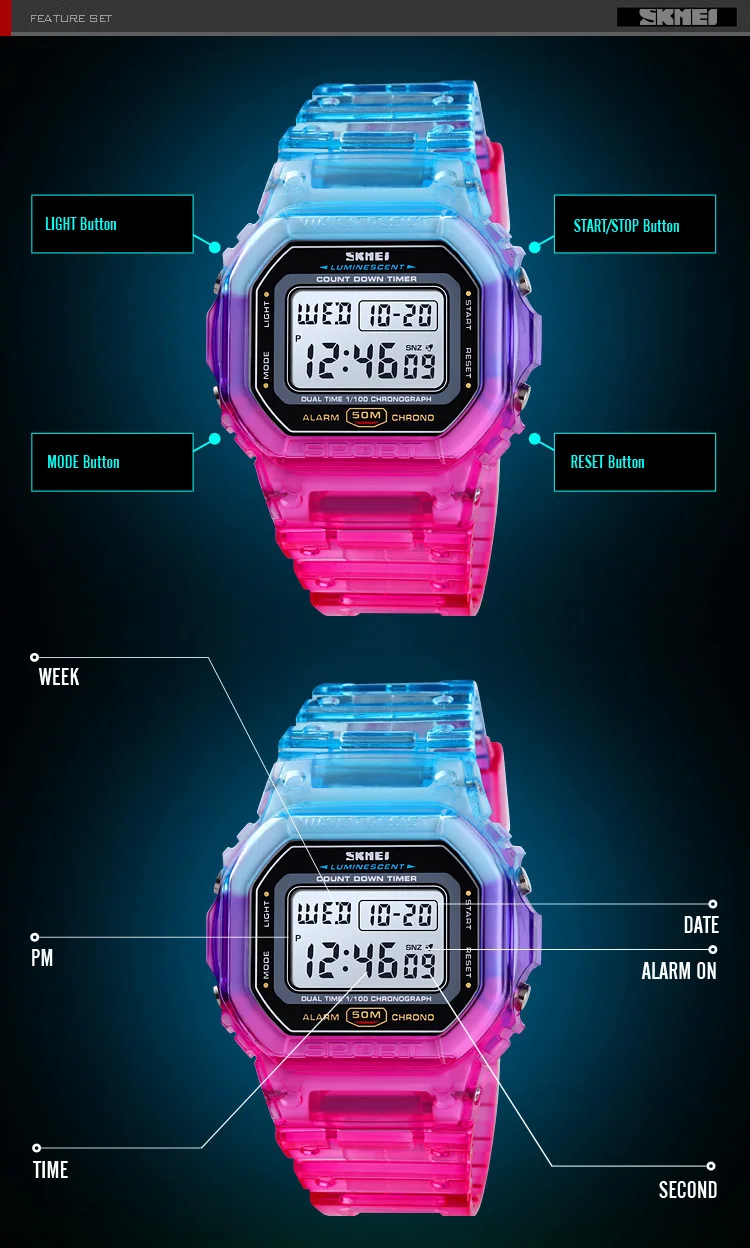 SKMEI 1622 Damen-Digitalarmbanduhr, galvanisiertes Gehäuse, stoßfest, Reloj Mujer, transparentes Armband, coole Damenuhren für Mädchen, 1999_voghion.com