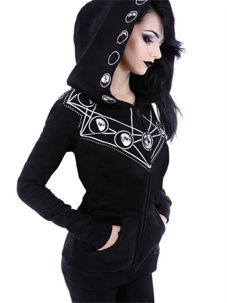 

Dark Wind Gothic Long Sleeve Black Printing Hooded Sweater Street Style Harajuku Vintage Tops Women's Top In Autumn Winter 2022