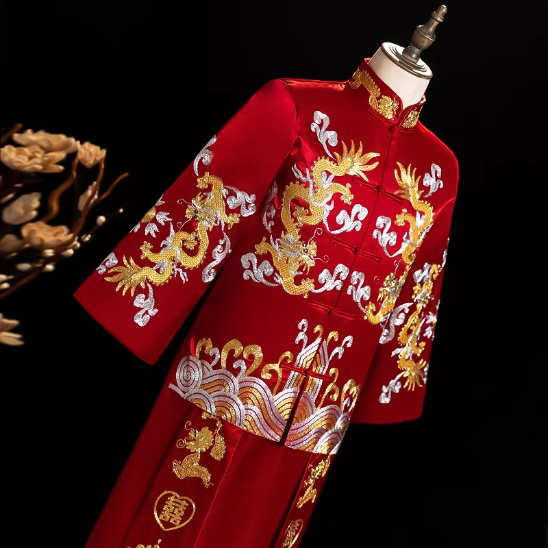 Chinese Traditional Costume Chinese Men Hanfu Top Wedding Groom Hanfu Chinese Style Dresses Dragon Phoenix Tang Clothes Men Champagne Xiuhe Suit Qipao Men Bigsize Jacket Coat