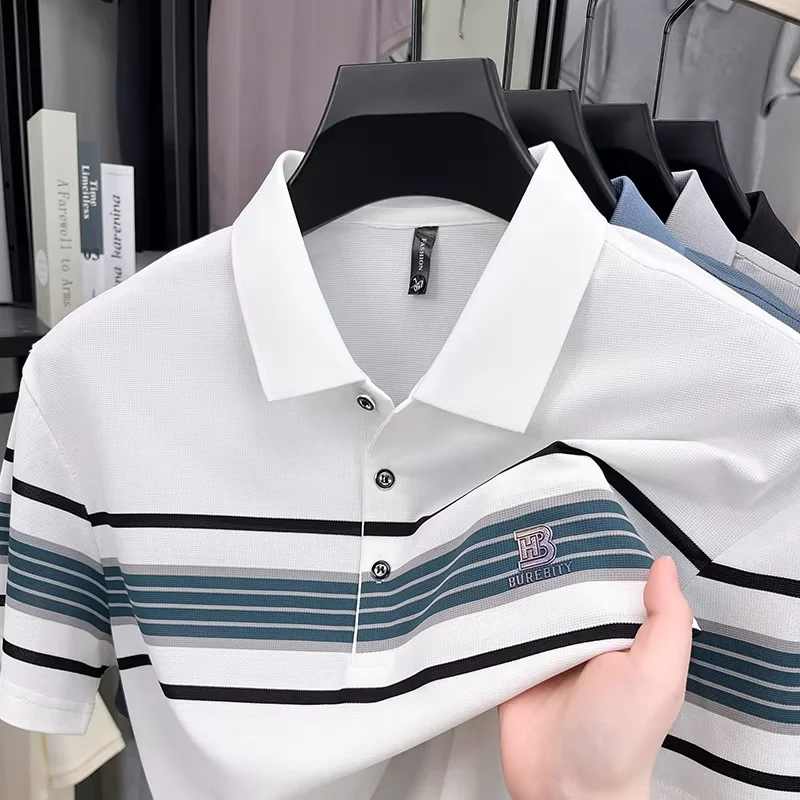 High end trend brand pure cotton polo shirt classic striped summer comfortable short sleeve men's T-shirt letter embossed top 13 Sb83933f390b8412883ba2f3da3477705d