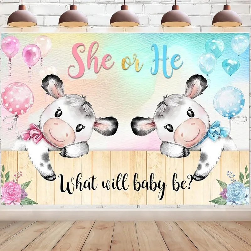 Mucca Gender Reveal Fondale He Or She Blue O Pink Cartoon Calf Wood Fence Background What Will Baby Be Party Decoration Banner
