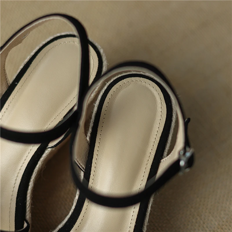 Meotina Women Genuine Leather Sandals Round Toe Wedges High Heel Sandals Platform Narrow Band Ladies Shoes Espadrille Summer