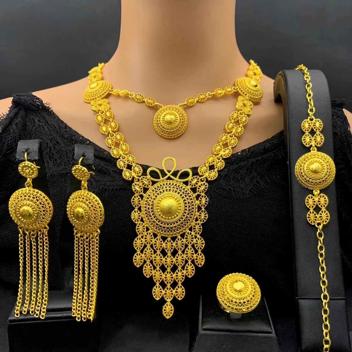 ANIID Indische 24K Gold Farbe Schmuck Sets Für Frauen Hochzeit Dubai Halskette Ohrringe Nigerian Afrikanischen Braut 4PCS Set Party geschenke