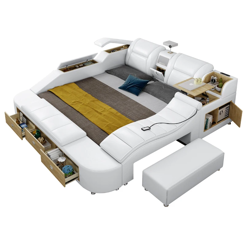 MANBAS Genuine Leather Multifunctional Massage Bed Frame Ultimate Bed Tech Smart Camas Tatami Beds with Projector, Audio, Safe