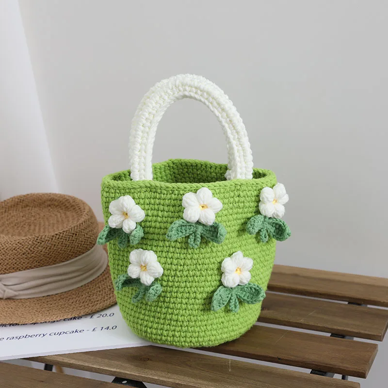 

Camellia Flower Knitted Handbag Girls Women's Bag Handmade Manual Woven Handheld Bucket Bags Accessories