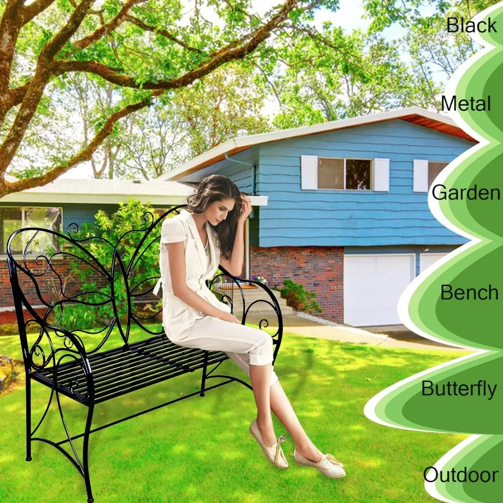 

Outdoor Bench Patio Outdoor Garden Bench Butterfly Cast Iron Metal with Armrests for Garden, Park,Yard, Patio, Porch,