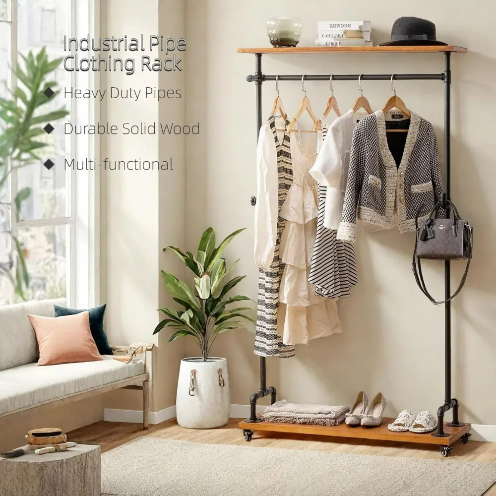 Sturdy Industrial Style Clothing Rack with Lockable Wheels, Storage Shelves, and Shoe Rack for Heavy Duty Use