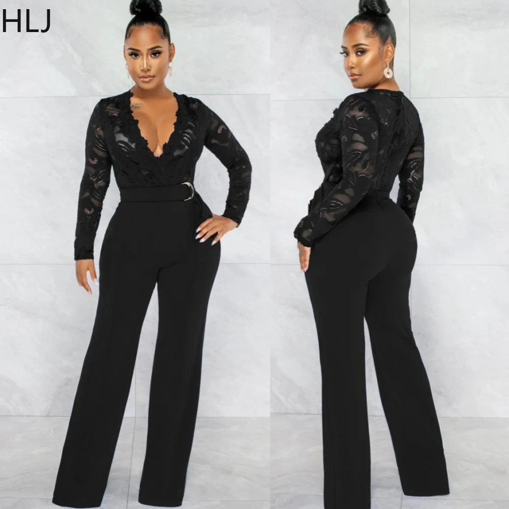 

HLJ Fashion Lace Splicing Perspective Jumpsuits Women Deep V Long Sleeve Straight Pants One Piece Overalls Female Slim Playsuits