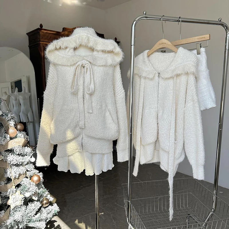 Japanese Kawaii Mini Skirts Women Preppy White High Waist A Line Skirt Winter Ladies Korean Cute Lace Up Chic Faldas New